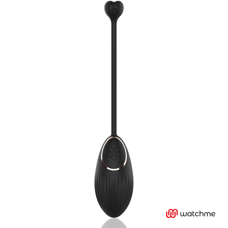 Close-up do ANNE'S DESIRE Egg Vibratório com Controle Remoto WATCHME, mostrando seu design elegante em preto e ouro e textura suave de silicone.