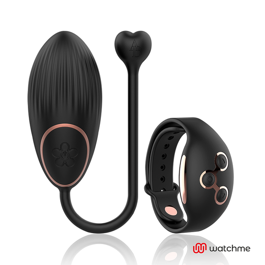 Close-up do ANNE'S DESIRE Egg Vibratório com Controle Remoto WATCHME, mostrando seu design elegante em preto e ouro e textura suave de silicone.