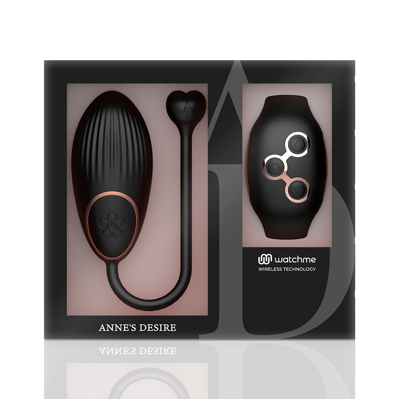 Close-up do ANNE'S DESIRE Egg Vibratório com Controle Remoto WATCHME, mostrando seu design elegante em preto e ouro e textura suave de silicone.