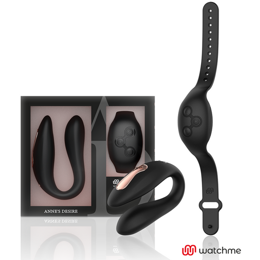 Close-up do vibrador ANNE'S DESIRE Dual Pleasure U-Shape WATCHME Preto, destacando o design ergonómico e a textura de silicone.
