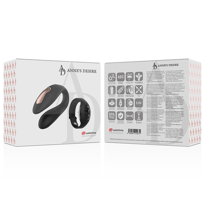 Close-up do vibrador ANNE'S DESIRE Dual Pleasure U-Shape WATCHME Preto, destacando o design ergonómico e a textura de silicone.