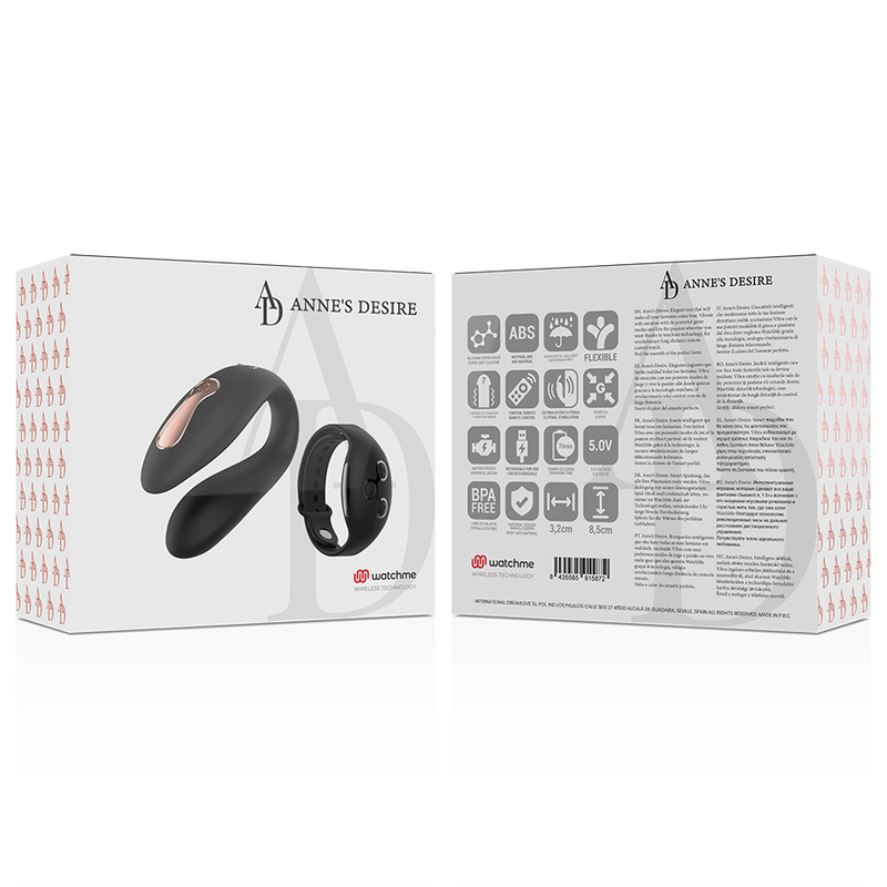 Close-up do vibrador ANNE'S DESIRE Dual Pleasure U-Shape WATCHME Preto, destacando o design ergonómico e a textura de silicone.