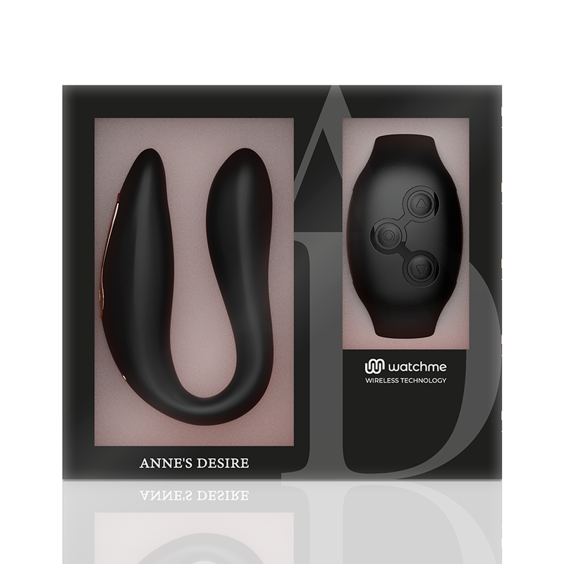 Close-up do vibrador ANNE'S DESIRE Dual Pleasure U-Shape WATCHME Preto, destacando o design ergonómico e a textura de silicone.