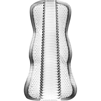 Close-up of the JAMYJOB Masturbador Masculino Extreme Tensek 1 Transparente, showing its unique internal textures and transparent design.