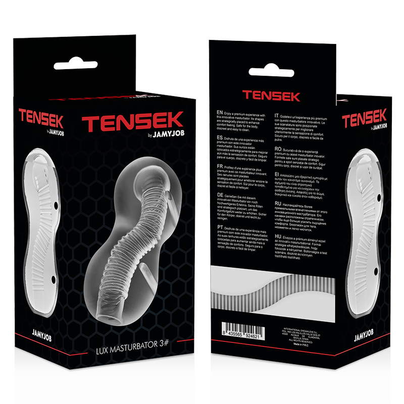 Masturbador masculino JAMYJOB Extreme TENSEK 3 Claro Transparente, exibindo sua textura interna e design