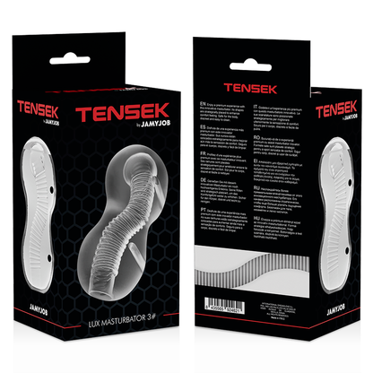 Masturbador masculino JAMYJOB Extreme TENSEK 3 Claro Transparente, exibindo sua textura interna e design