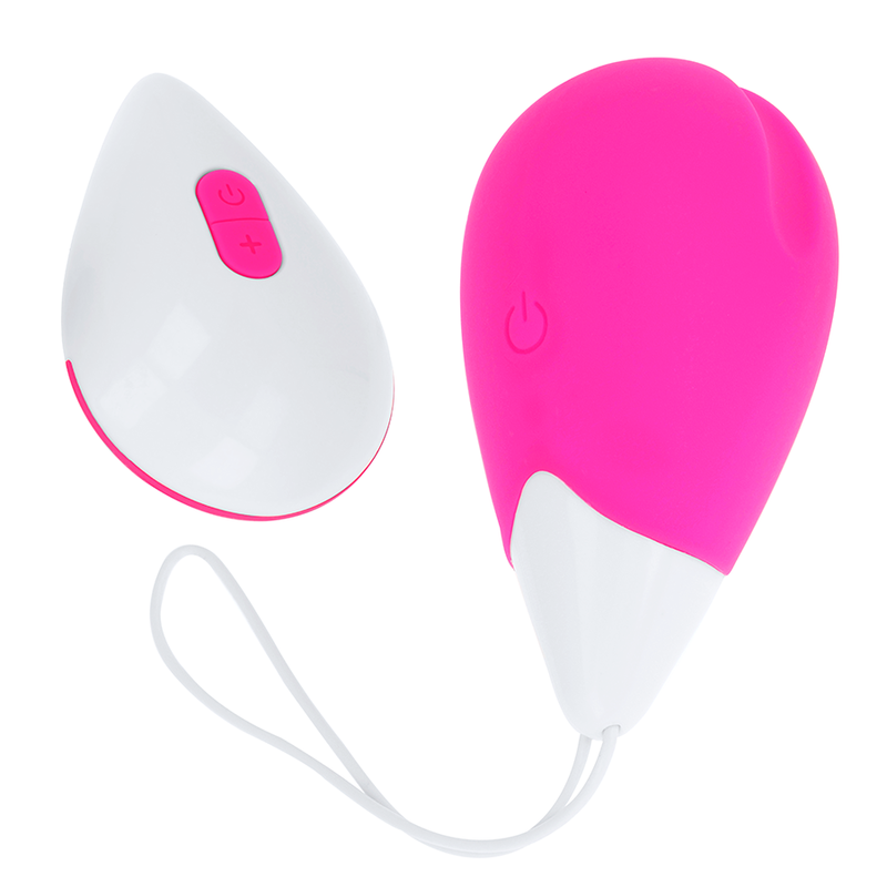 Close-up do Ovo Vibratório OHMAMA com Controle Remoto, mostrando seu design compacto e cores rosa e branco.