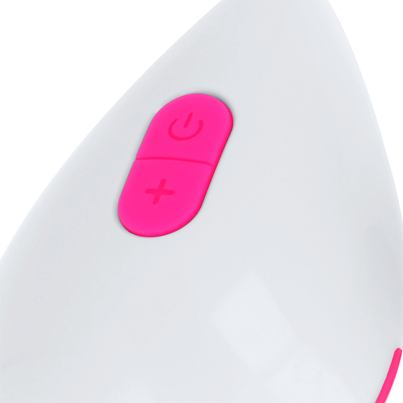Close-up do Ovo Vibratório OHMAMA com Controle Remoto, mostrando seu design compacto e cores rosa e branco.