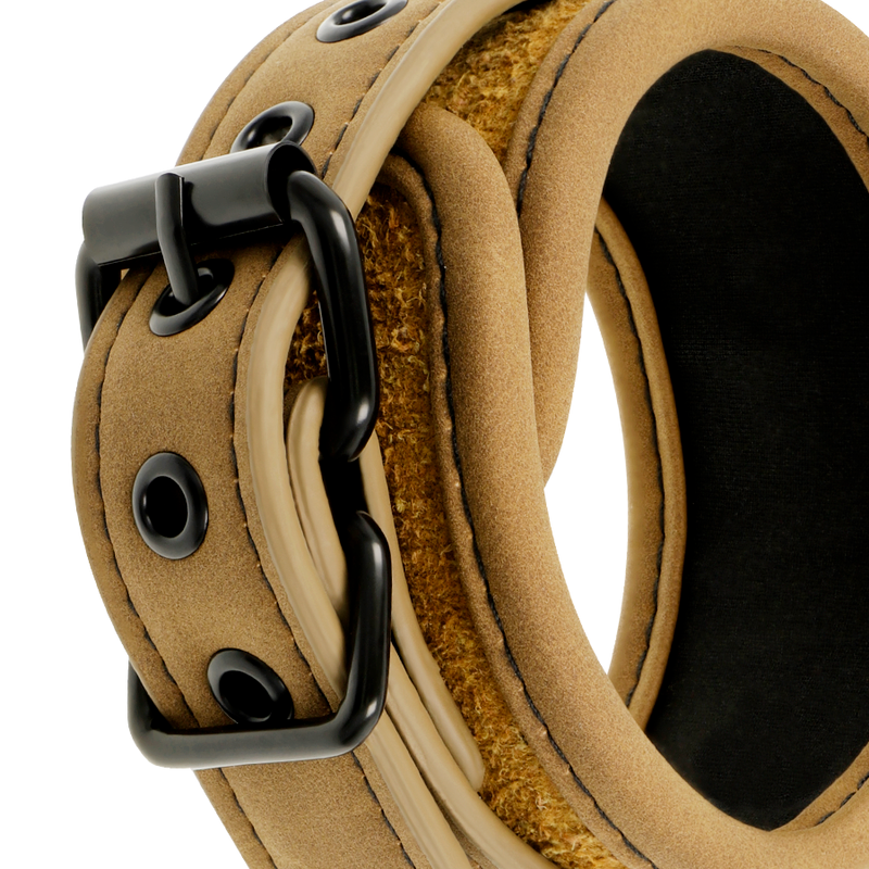 Close-up of the FETISH SUBMISSIVE ORIGIN Vegan Leather Cuffs with Neoprene Lining.