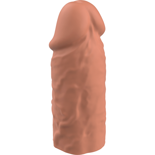 Close-up da VIRILXL Extensão de Pénis V3 de Silicone Líquido Marrom, mostrando sua textura e características para aumento de espessura.