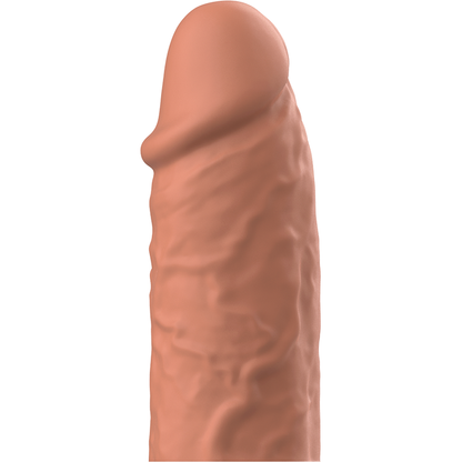 Close-up da VIRILXL Extensão de Pénis V3 de Silicone Líquido Marrom, mostrando sua textura e características para aumento de espessura.
