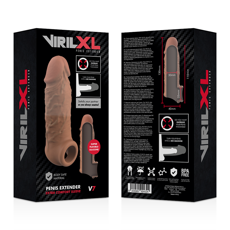 Close-up da Extensão de Pénis VIRILXL V7 em silicone líquido marrom, mostrando textura e design flexível para aumento de espessura.