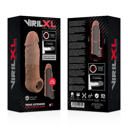 Close-up da Extensão de Pénis VIRILXL V7 em silicone líquido marrom, mostrando textura e design flexível para aumento de espessura.