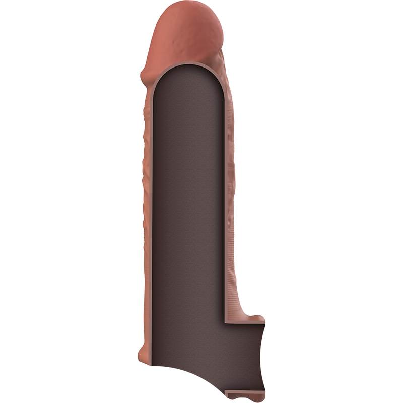Close-up da Extensão de Pénis VirilXL V9 em Silicone Líquido Marrom, mostrando detalhes da textura.