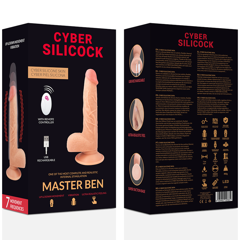 Vibrador realista CYBER SILICOCK Master Ben com controle remoto e ventosa, mostrando detalhes em silicone skin.