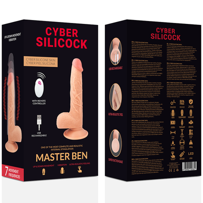 Vibrador realista CYBER SILICOCK Master Ben com controle remoto e ventosa, mostrando detalhes em silicone skin.