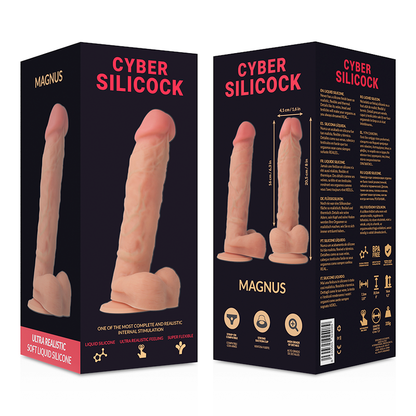 Close-up of the 'CYBER SILICOCK Strap-on Dildo Magnus Silicone com Arnês e 3 Anéis 20.5 CM' showing its texture, realistic details, and included accessories.