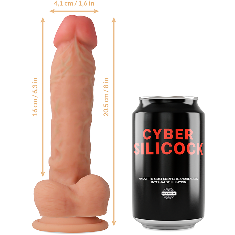 Close-up of the 'CYBER SILICOCK Strap-on Dildo Magnus Silicone com Arnês e 3 Anéis 20.5 CM' showing its texture, realistic details, and included accessories.