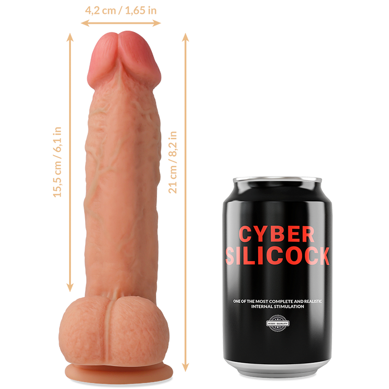 Close-up do CYBER SILICOCK Strap-On Saul Dildo Silicone Líquido, mostrando o dildo, arnês e anéis