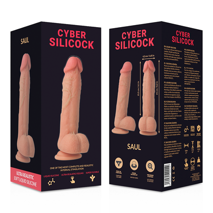 Close-up do CYBER SILICOCK Strap-On Saul Dildo Silicone Líquido, mostrando o dildo, arnês e anéis