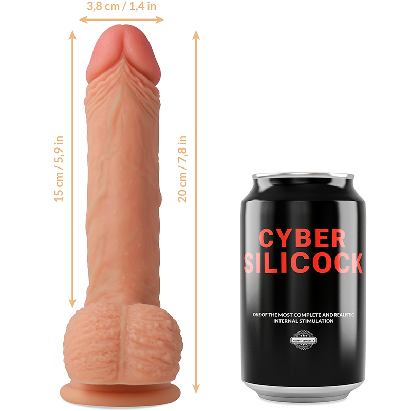 Close-up do Dildo Strap-on CYBER SILICOCK Freeman de Silicone Líquido 20cm com arnês e anéis.