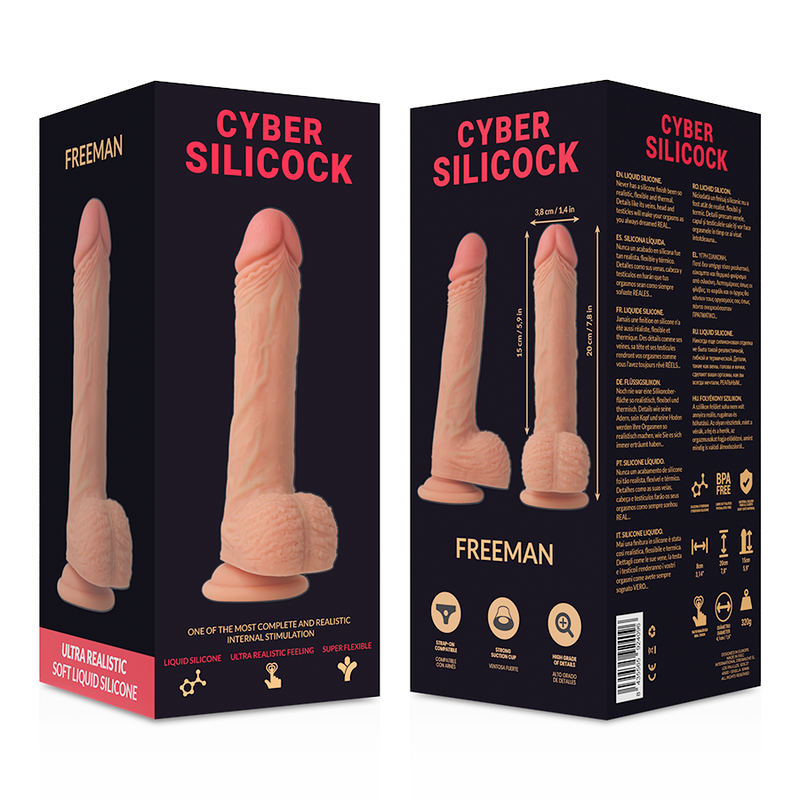 Close-up do Dildo Strap-on CYBER SILICOCK Freeman de Silicone Líquido 20cm com arnês e anéis.