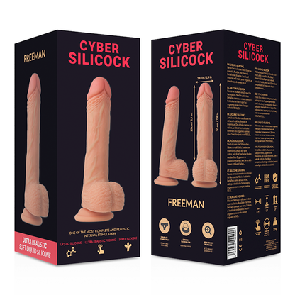 Close-up do Dildo Strap-on CYBER SILICOCK Freeman de Silicone Líquido 20cm com arnês e anéis.