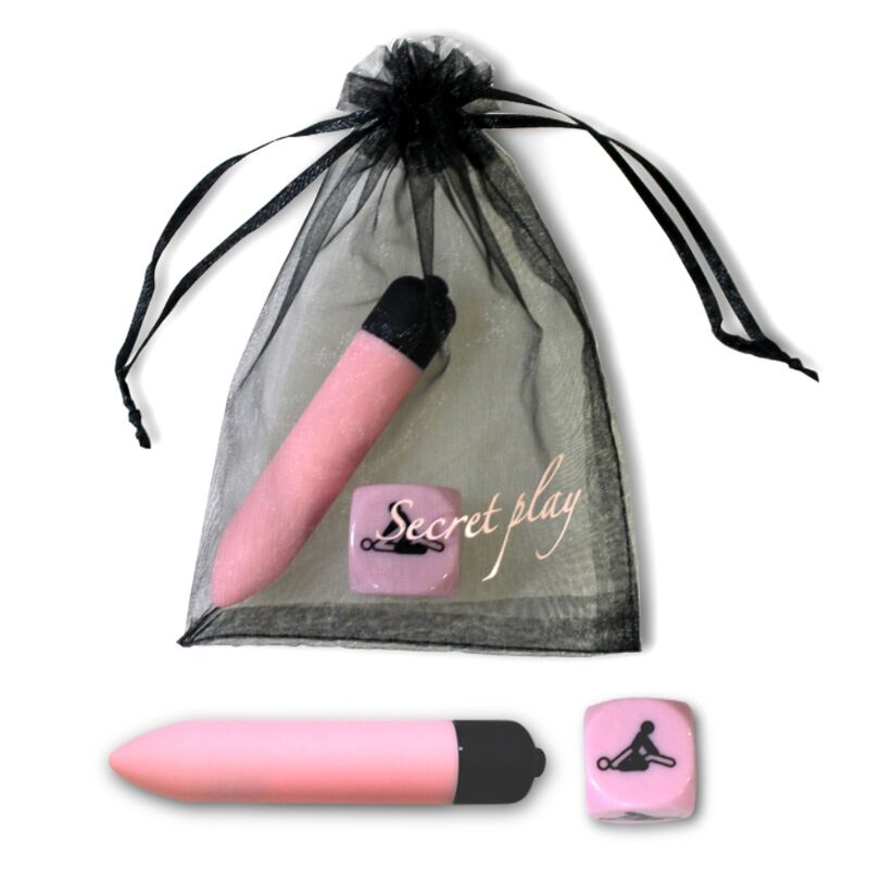 Kit vibratório SECRETPLAY com bala vibratória rosa e dados de posições para diversão erótica.