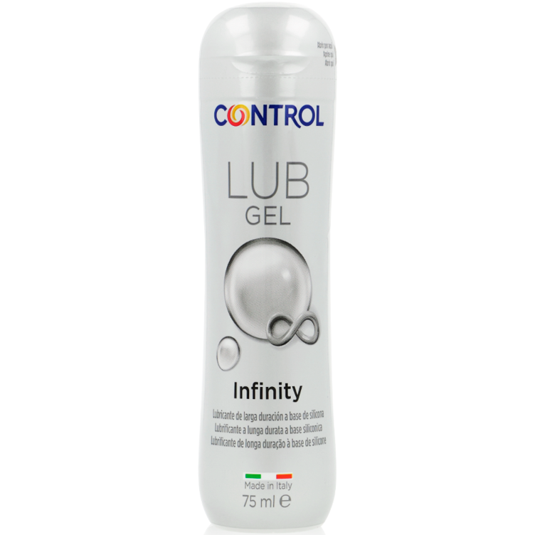 Detalhe do CONTROL Lubrificante Silicone Infinity 75ml, mostrando a embalagem e a textura do produto.