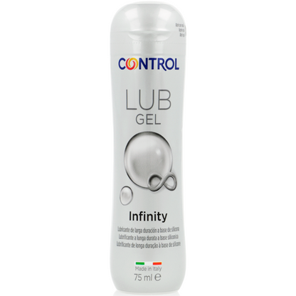 Detalhe do CONTROL Lubrificante Silicone Infinity 75ml, mostrando a embalagem e a textura do produto.