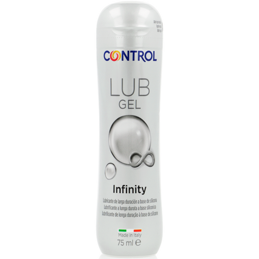Detalhe do CONTROL Lubrificante Silicone Infinity 75ml, mostrando a embalagem e a textura do produto.