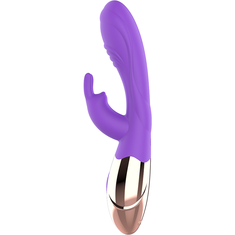 Close-up do vibrador coelho WOMANVIBE Viora de silicone recarregável, mostrando o design curvo para Ponto G e o estimulador de clítoris.