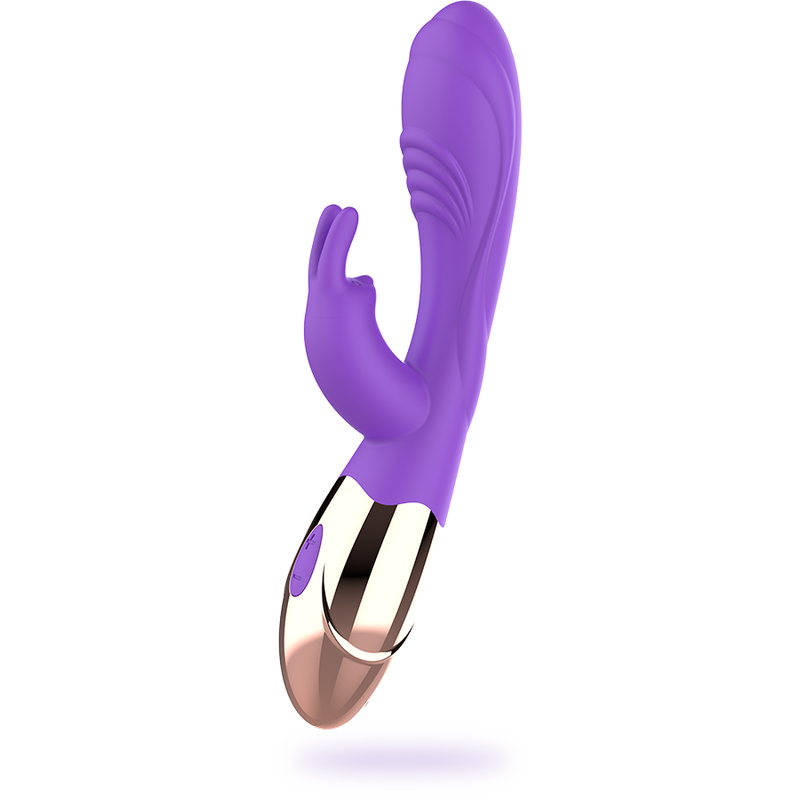 Close-up do vibrador coelho WOMANVIBE Viora de silicone recarregável, mostrando o design curvo para Ponto G e o estimulador de clítoris.