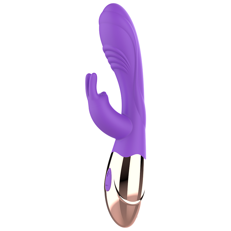 Close-up do vibrador coelho WOMANVIBE Viora de silicone recarregável, mostrando o design curvo para Ponto G e o estimulador de clítoris.