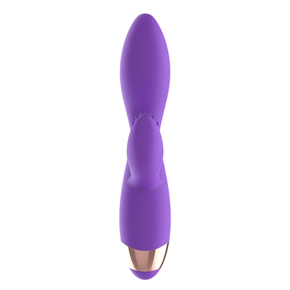 Vibrador de silicone recarregável WOMANVIBE Donna duplo motor, em lilás e dourado.