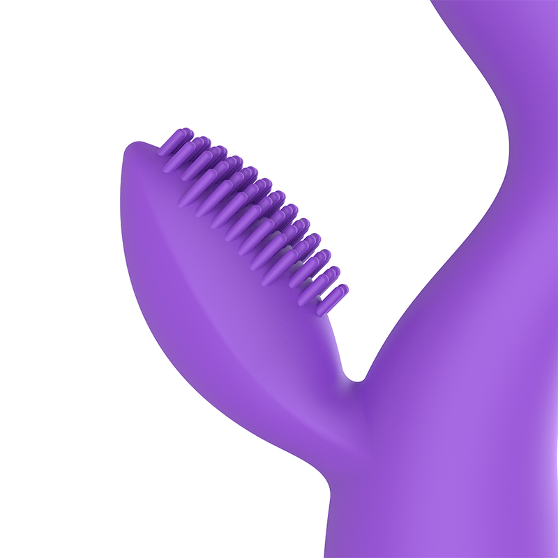 Vibrador de silicone recarregável WOMANVIBE Donna duplo motor, em lilás e dourado.