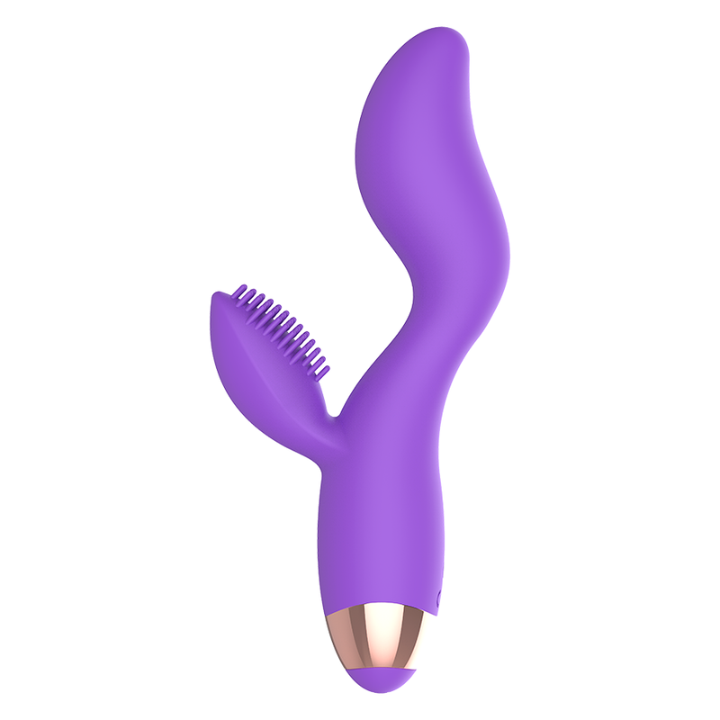 Vibrador de silicone recarregável WOMANVIBE Donna duplo motor, em lilás e dourado.