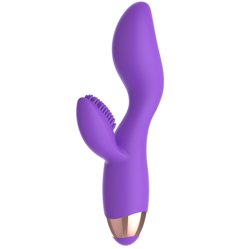 Vibrador de silicone recarregável WOMANVIBE Donna duplo motor, em lilás e dourado.