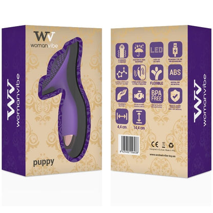 Close-up do vibrador clitoriano Womanvibe Puppy mostrando seu design ergonómico e almofada de estimulação.