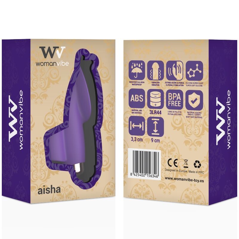 Close-up do WOMANVIBE Dedo Estimulador de Silicone Aisha Compacto e Potente, mostrando seu design ergonómico e material de silicone.