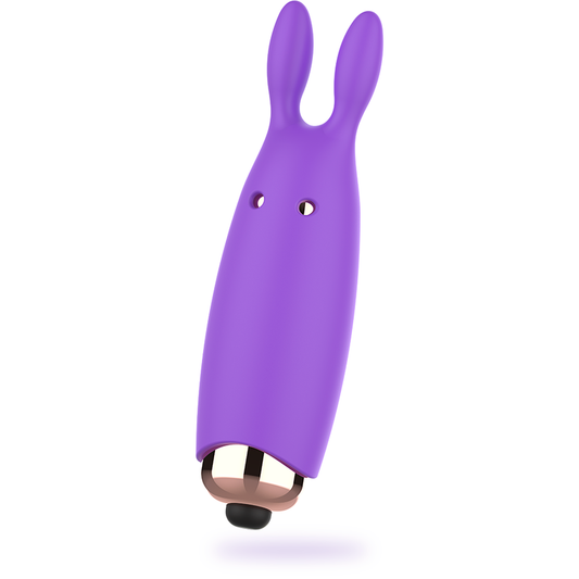 Close-up do WOMANVIBE Vibrador Bugsy, um estimulador clitoriano de silicone em formato de coelho.