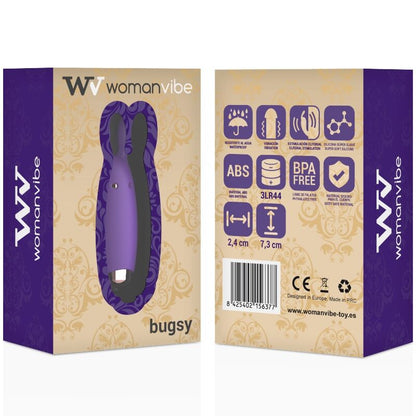 Close-up do WOMANVIBE Vibrador Bugsy, um estimulador clitoriano de silicone em formato de coelho.