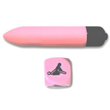 Kit vibratório SECRETPLAY com bala vibratória rosa e dados de posições para diversão erótica.