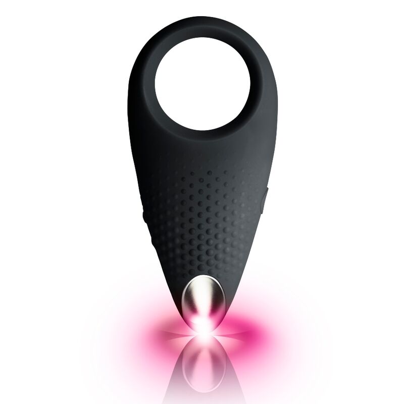 Close-up do ROCKS-OFF Estimulador de Casais Recarregável Empower - Preto, mostrando seu design ergonômico e material de silicone macio.