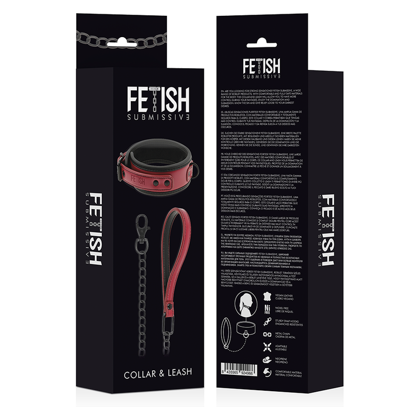 Close-up da Coleira de Corrente Fetish Submissive com forro de neoprene e detalhes em metal.