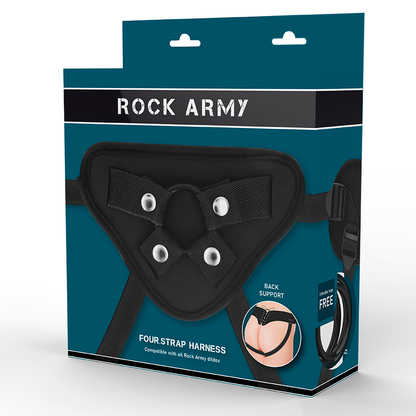 Arnês ajustável ROCKARMY com anéis flexíveis para vibradores e dildos.
