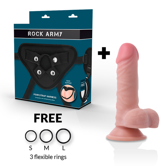 Close-up do ROCKARMY Arnês e Dildo Realista Dupla Densidade 17cm, mostrando textura e funcionalidades.