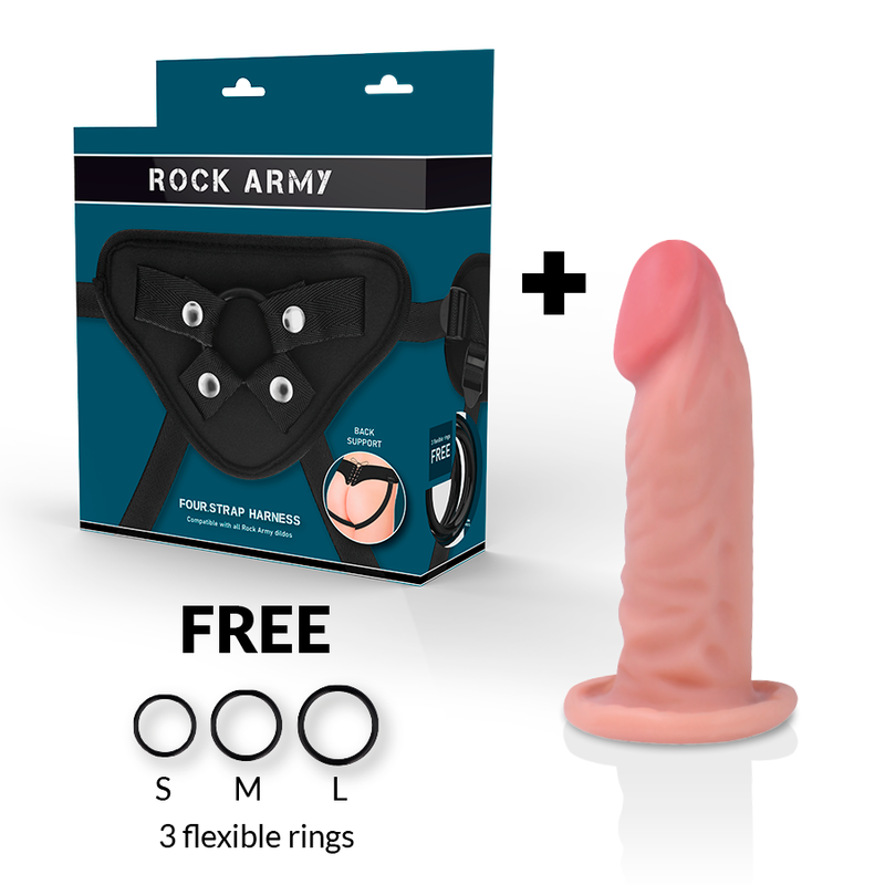 Close-up do ROCKARMY Arnês e Dildo Realista Tiger Dual Densidade 14 CM, mostrando sua textura realista e o arnês ajustável.