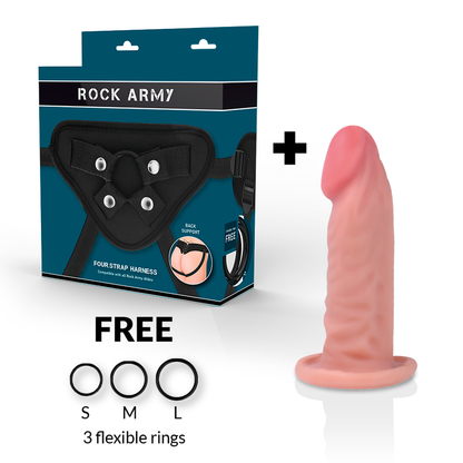 Close-up do ROCKARMY Arnês e Dildo Realista Tiger Dual Densidade 14 CM, mostrando sua textura realista e o arnês ajustável.