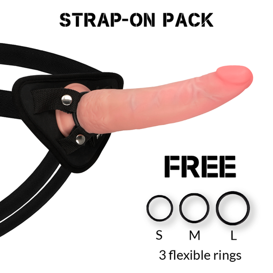 ROCKARMY Arnês com Dildo Realista Dupla Densidade, mostrando o dildo e o arnês de couro PU.